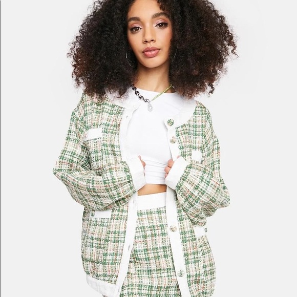 Dolls Kill Jackets & Blazers - NWT Glamorous Green White Tweed Blazer Jacket
